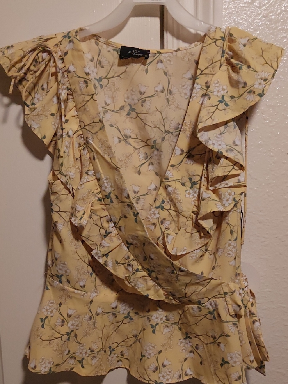 Yellow Floral Ruffle Wrap Blouse - Women